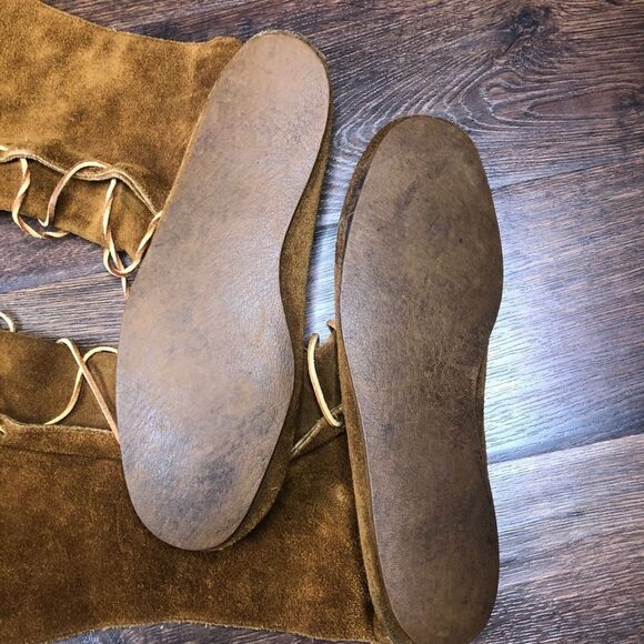 Minnetonka Vintage Fringe Tall Lace Boots Suede 10 Knee High Native Brown Tan - Picture 4 of 9